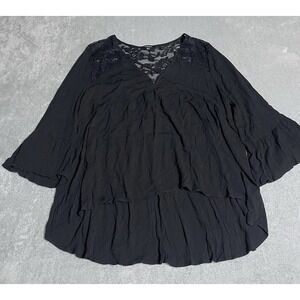 Ambiance Top Womens 3XL Black Lace Trim Sheer Back Bell Sleeve VNeck Witchy Goth
